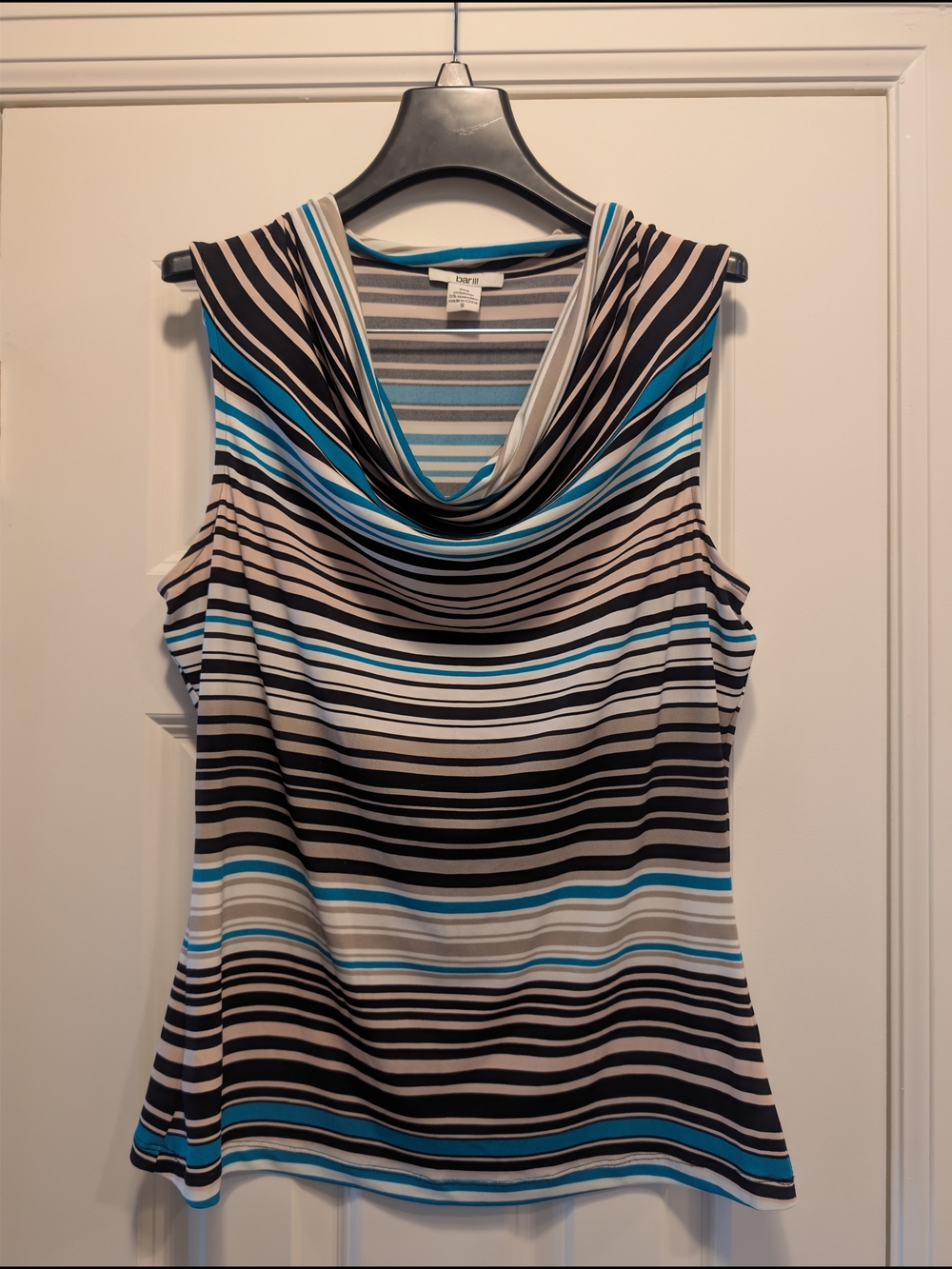 Bar III Sleeveless Cowl Neck Striped Top - Turquoise, Black, Cream, White